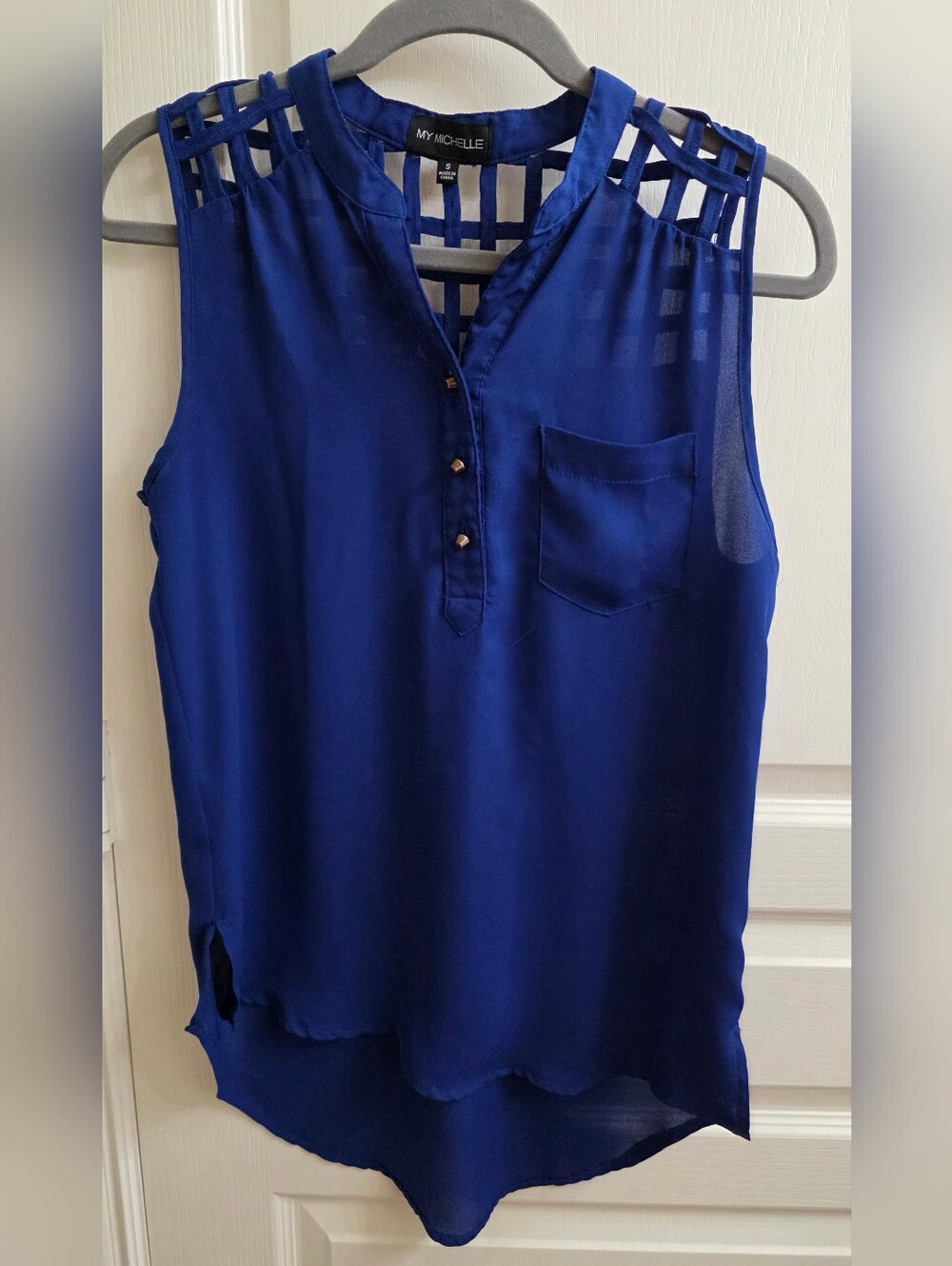 My Michelle Royal Blue Sleeveless Blouse with Lattice Shoulder Detail
